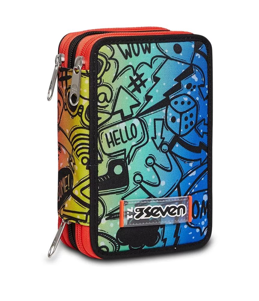 Shop Seven ® 3 Zip Pencil Case - Fluo Stamp