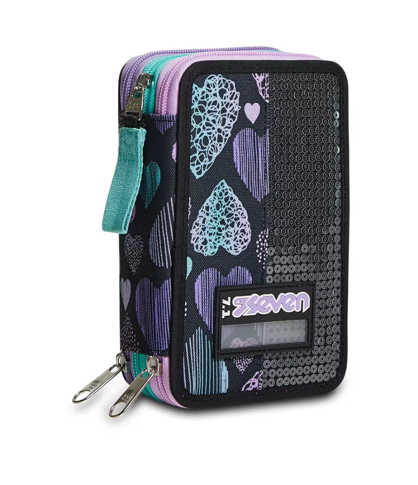 Outlet Seven ® 3 Zip Pencil Case - Patchyheart Girl