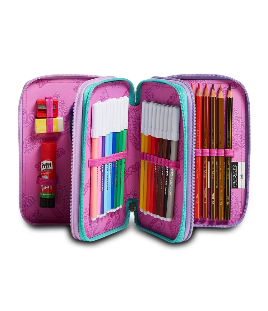 Outlet Seven ® 3 Zip Pencil Case - Patchyheart Girl